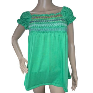 dELiA*s Green Smocked Peasant Square Neck Puff Sleeve Short Sleeve Top